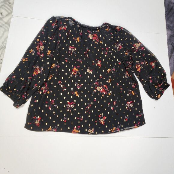 Vince Camuto Floral Blouse Womens Medium Black Chiffon Lined Tie Front Metallic - Picture 4 of 7